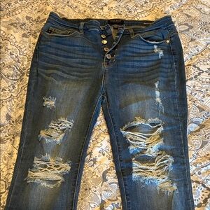 Judy Blue Dark Blue Distressed Button-Fly Skinny Jeans